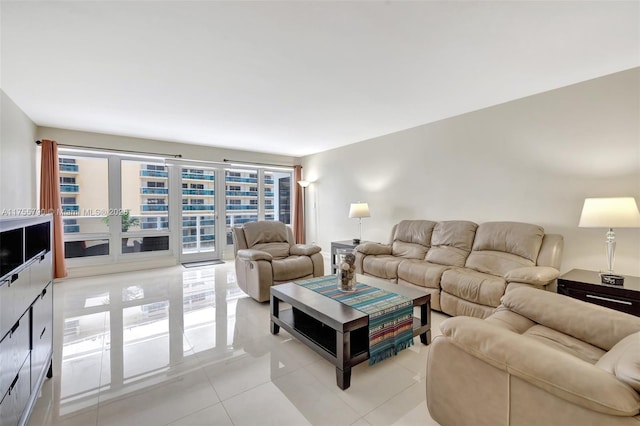 living room featuring light tile patterned floors