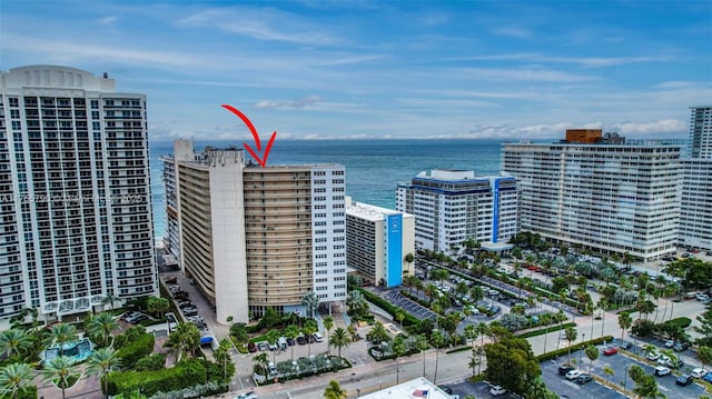 aerial view with a city view and a water view