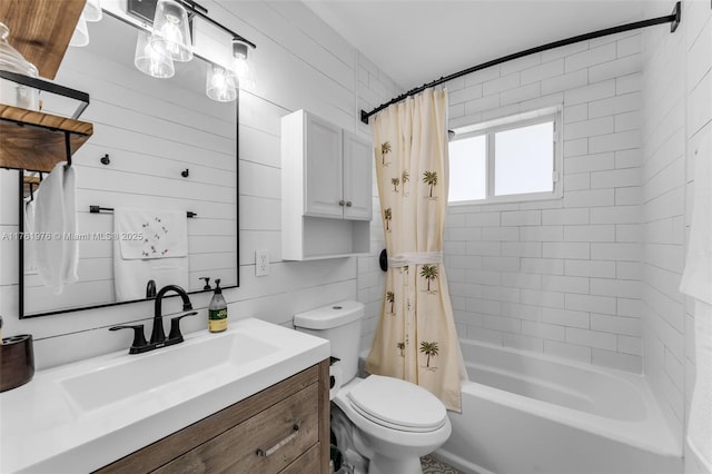 bathroom with vanity, toilet, and shower / bathtub combination with curtain