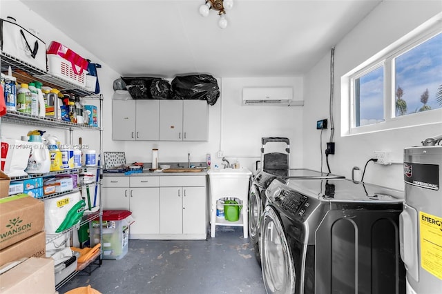 laundry area with separate washer and dryer, water heater, and a wall mounted AC