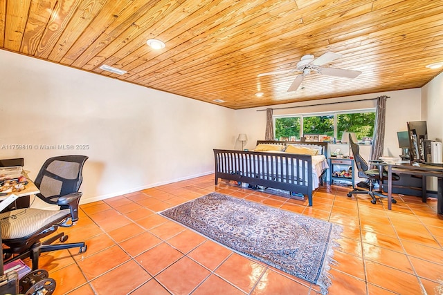 tiled bedroom featuring wood ceiling and baseboards