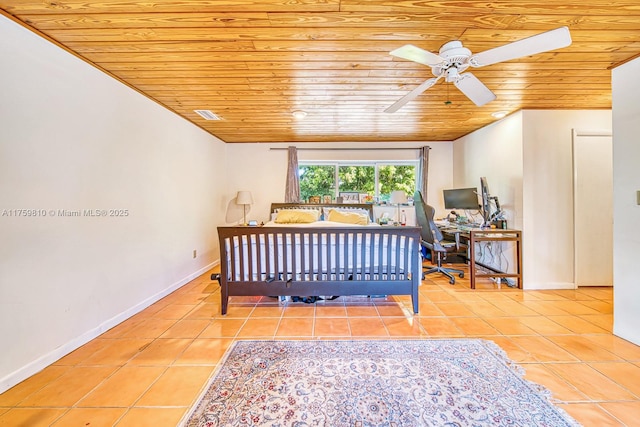 tiled bedroom with visible vents, baseboards, and wooden ceiling