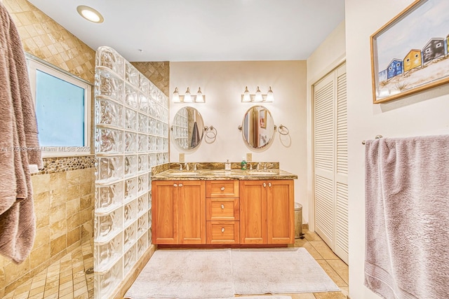 13700 SW 74th Ct, Palmetto Bay, FL 33158 - bathroom with a closet, double vanity, tile patterned flooring, and walk in shower