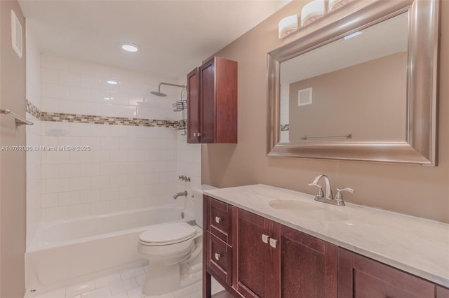 bathroom with vanity, visible vents, tile patterned floors, toilet, and shower / bathtub combination