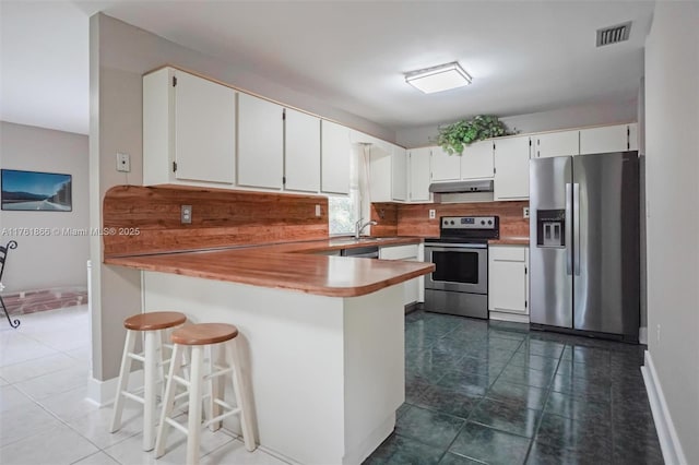 kitchen featuring visible vents, a peninsula, stainless steel appliances, decorative backsplash, and under cabinet range hood