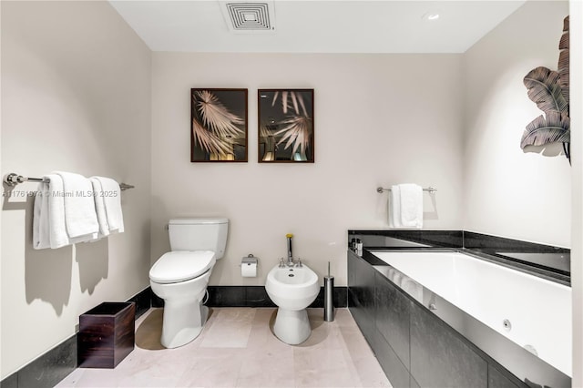 full bathroom with visible vents, toilet, a bidet, tile patterned flooring, and a bath