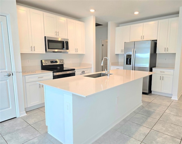 kitchen with a sink, appliances with stainless steel finishes, and white cabinetry