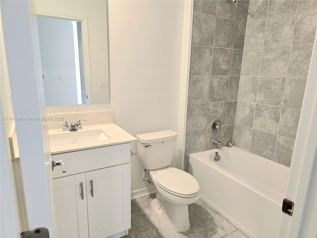 bathroom with washtub / shower combination, toilet, vanity, and tile patterned flooring