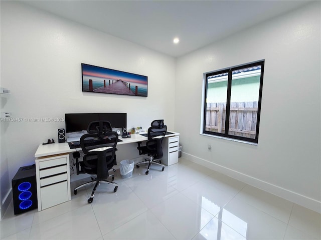 office area featuring light tile patterned floors, recessed lighting, and baseboards