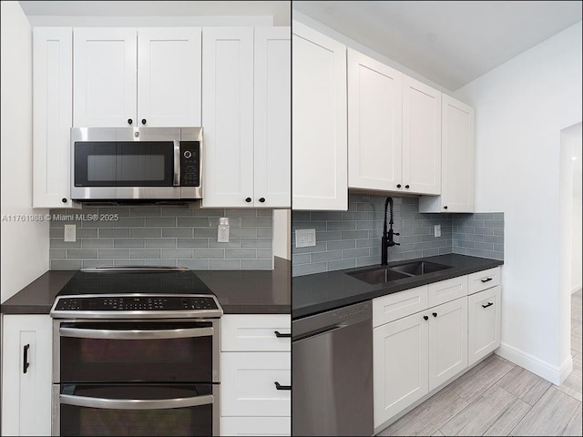 kitchen with dark countertops, backsplash, stainless steel appliances, and a sink