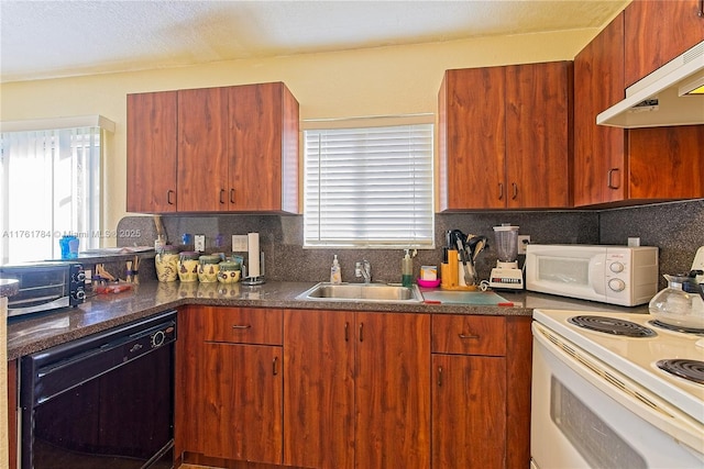 kitchen featuring a wealth of natural light, white range with electric cooktop, a sink, under cabinet range hood, and black dishwasher