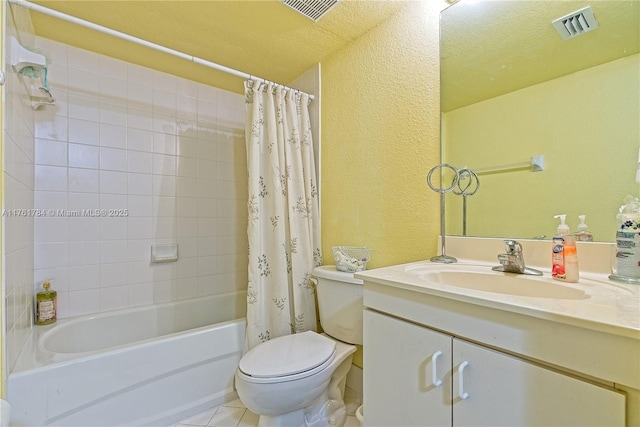 full bathroom with vanity, toilet, shower / bath combo, and visible vents