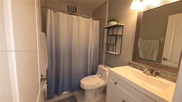 full bathroom featuring vanity, tile patterned floors, toilet, and a shower with curtain