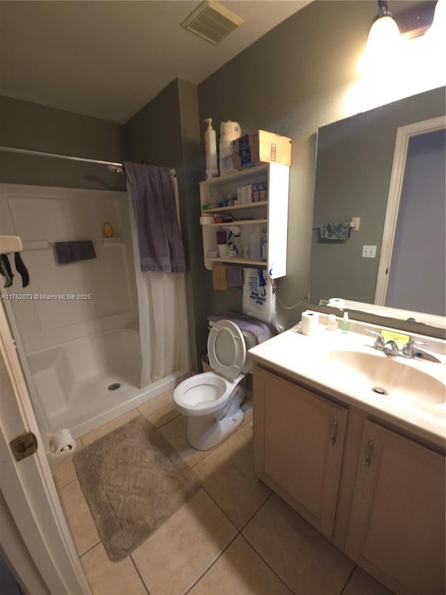 bathroom with visible vents, a shower stall, toilet, tile patterned floors, and vanity