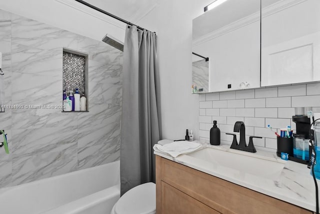 full bath featuring vanity, tasteful backsplash, toilet, and shower / bath combination with curtain