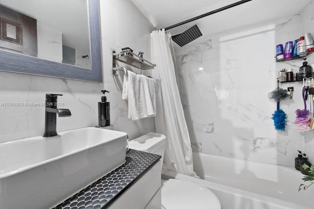 full bathroom featuring visible vents, toilet, vanity, shower / tub combo with curtain, and tile walls