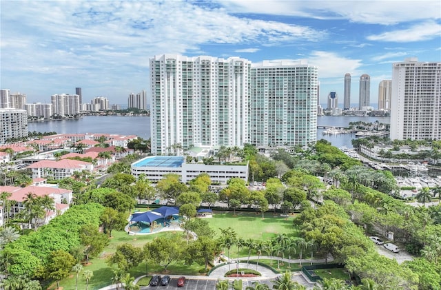 drone / aerial view featuring a view of city and a water view