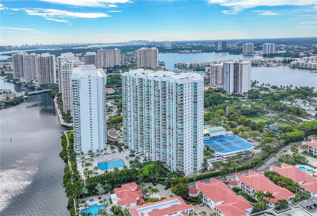 aerial view featuring a water view and a city view