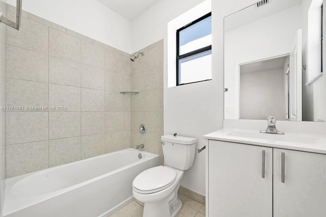 full bath featuring tile patterned flooring, visible vents, toilet, bathtub / shower combination, and vanity