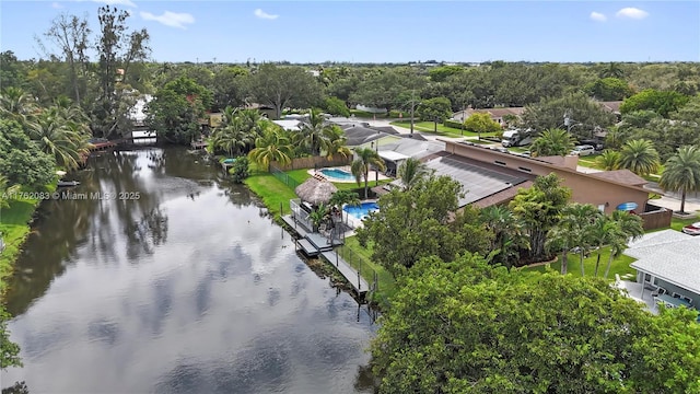 drone / aerial view featuring a water view