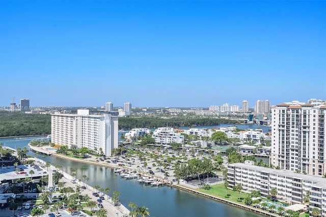 drone / aerial view featuring a view of city and a water view