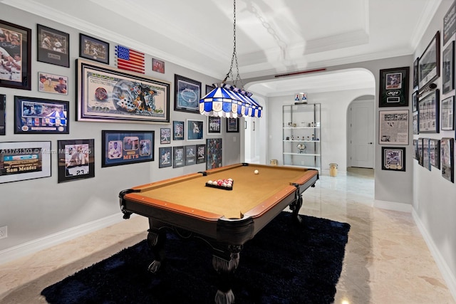 playroom with billiards, baseboards, arched walkways, crown molding, and marble finish floor