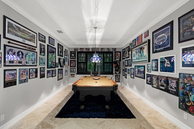 rec room featuring billiards, baseboards, visible vents, crown molding, and a raised ceiling