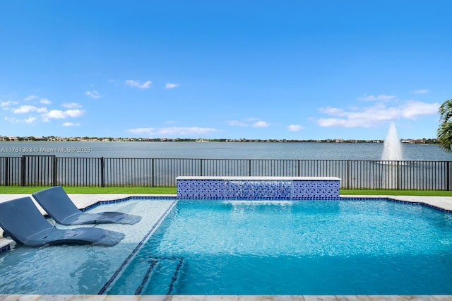 view of pool featuring a fenced in pool, a fenced backyard, and a water view