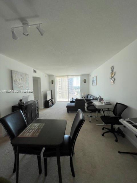 dining room featuring visible vents, rail lighting, and carpet