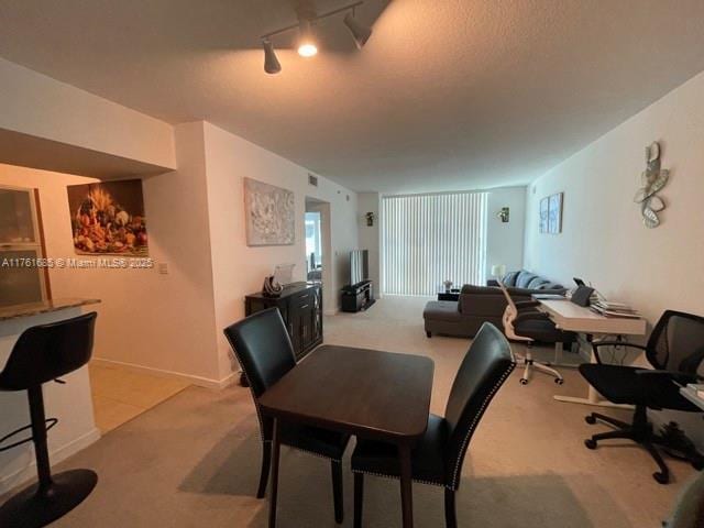 dining area with track lighting and light colored carpet