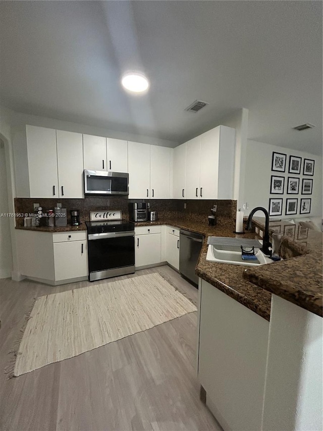 kitchen with a sink, light wood-style flooring, visible vents, and stainless steel appliances