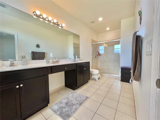 bathroom with tile patterned flooring, visible vents, a shower stall, toilet, and double vanity