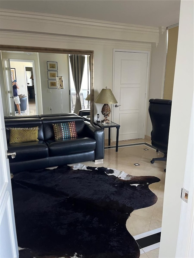 tiled living area with crown molding