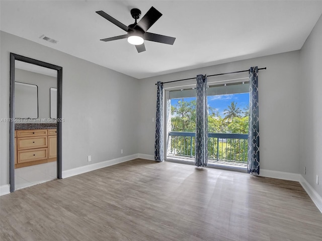 unfurnished bedroom with visible vents, access to outside, light wood-style floors, baseboards, and ceiling fan