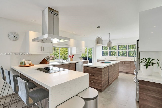 kitchen with backsplash, dishwasher, island range hood, modern cabinets, and black electric cooktop