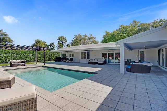 view of pool featuring a fenced in pool, ceiling fan, an outdoor hangout area, a pergola, and a patio