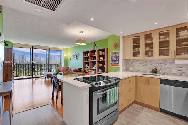 kitchen featuring a sink, open floor plan, floor to ceiling windows, a peninsula, and appliances with stainless steel finishes