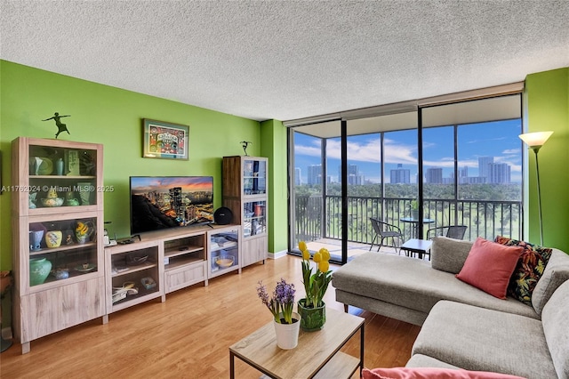 living area with a textured ceiling, wood finished floors, and expansive windows