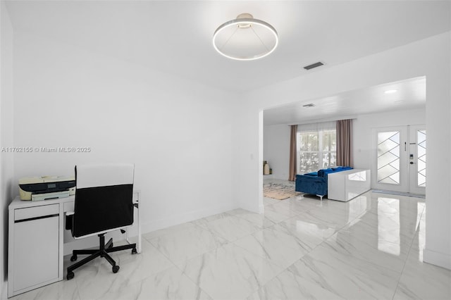 home office featuring visible vents, baseboards, marble finish floor, and french doors