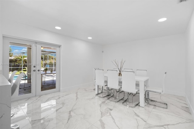 dining space with recessed lighting, french doors, marble finish floor, and baseboards