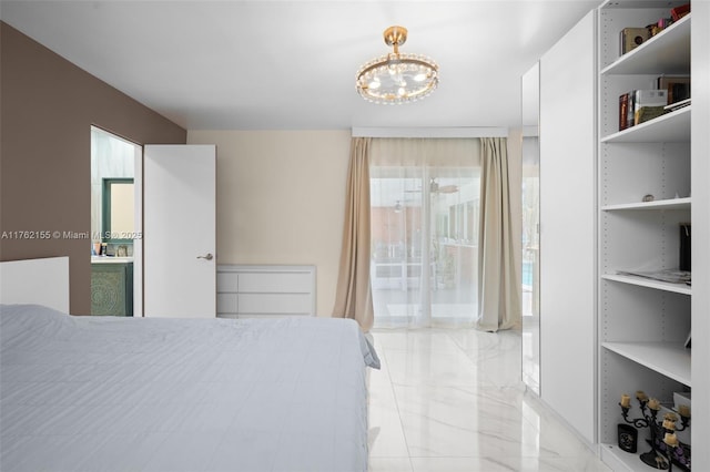 bedroom featuring a notable chandelier, multiple windows, and marble finish floor