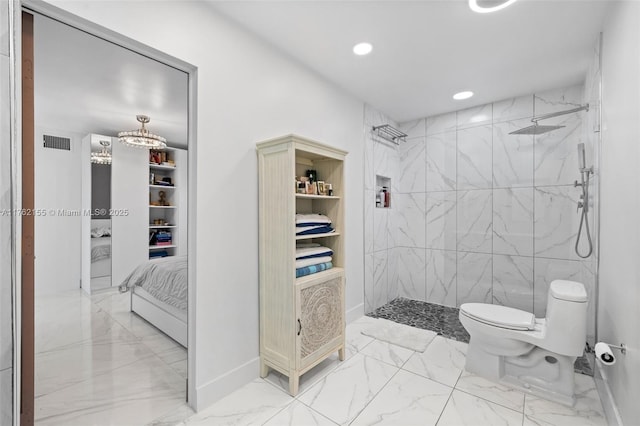 ensuite bathroom featuring visible vents, toilet, marble finish floor, ensuite bath, and a marble finish shower