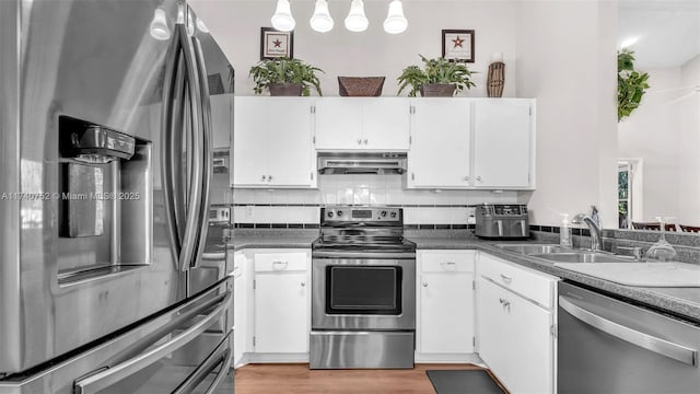 kitchen featuring backsplash, under cabinet range hood, stainless steel appliances, white cabinetry, and a sink