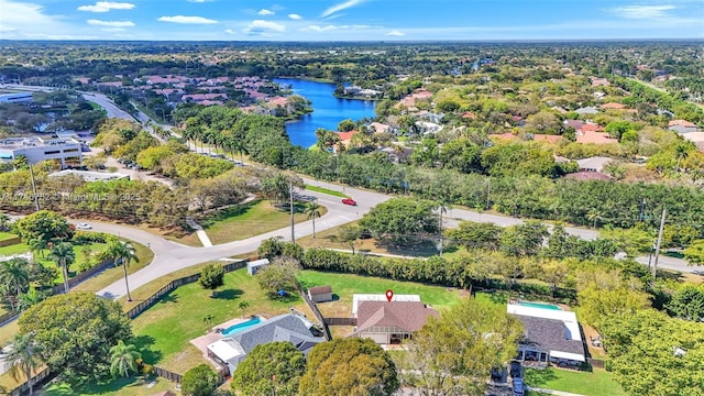 drone / aerial view featuring a water view