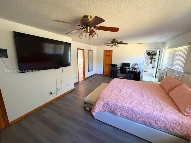 bedroom with a textured ceiling, a ceiling fan, baseboards, and wood finished floors