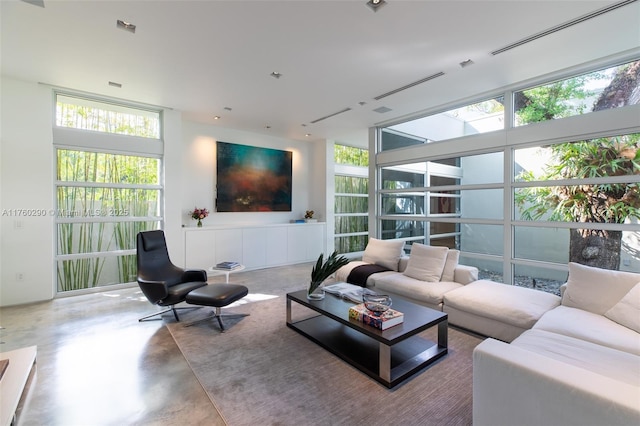 living room featuring expansive windows, a healthy amount of sunlight, and finished concrete flooring