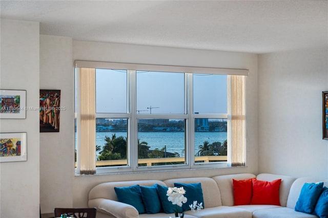 living room featuring a water view