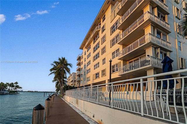 view of building exterior featuring a water view