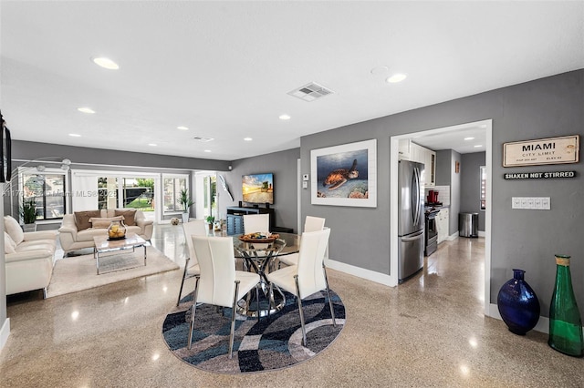 dining area with recessed lighting, baseboards, visible vents, and light speckled floor
