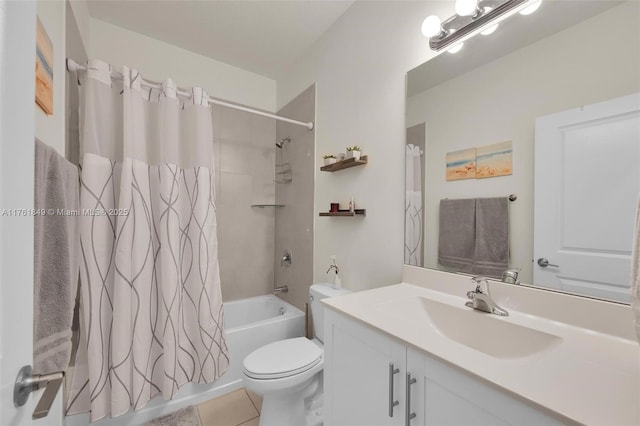 bathroom with tile patterned floors, vanity, toilet, and shower / tub combo with curtain